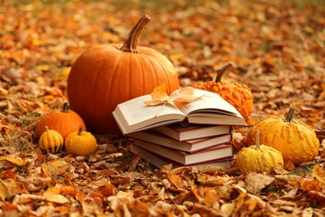 Autumn books. Reading books about autumn.Halloween books. Stack of books and orange pumpkins set on autumn foliage on blurred nature background