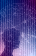 Profile of the head of a man. Mental health relative brochure, report or flyer design template. Scientific medical designs. Molecule and communication background. Connected lines with dots.