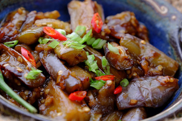 Vietnamese vegan food, eggplant cook with soy sauce