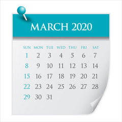 March 2020 monthly calendar vector illustration