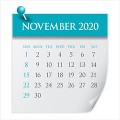 November 2020 monthly calendar vector illustration