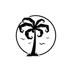 Palm silhouette logo vector with bird and grass on circle round shape. supernatural magic look.