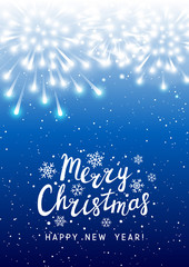Shiny fireworks on blue starry background - vertical greeting card for Christmas and New Year holiday design