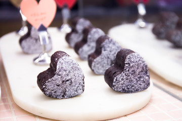 Heart shaped chocolate desert on the shelf