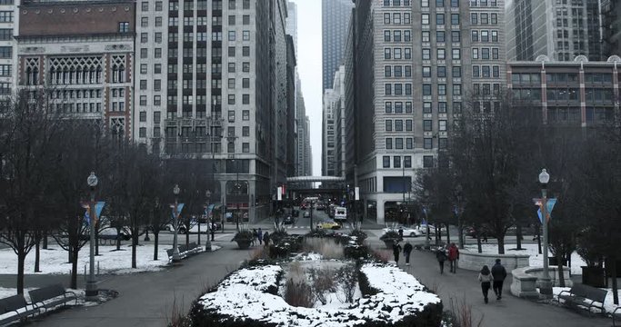 Chicago street during winter with people and snow