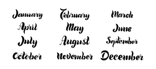 Hand writing names 12 months. Lettering. Vector illustration. EPS 10