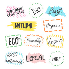 Vector typographic banner with phrases.Hand drawn element for labels, logos, badges.Calligraphic and typographic design for organic food. Vegan vibes and healthy food icons set. Social media messages.