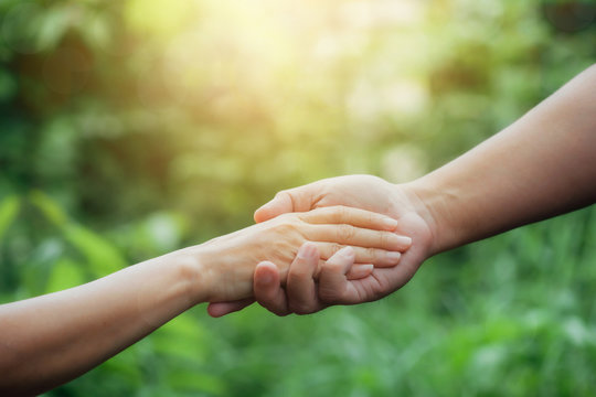 Close up of Two people holding hand together over blurred green nature garden background, Business man and woman shaking hands, helping hand and teamwork  concept with copy space