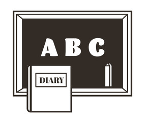 Chalkboard or blackboard with chalk and diary isolated object, abc letters