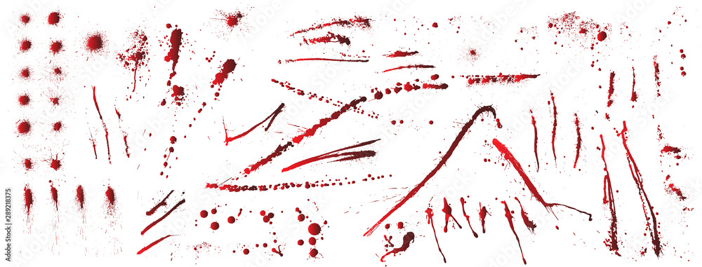 Poster set of various blood or paint splatters. big vector set of different blood splashes, drops and trail