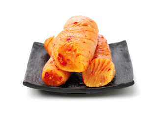 sliced radish kimchi  on white background