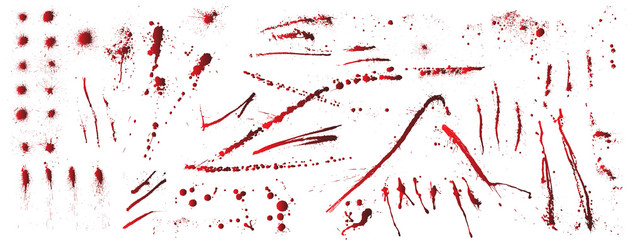 Set of various blood or paint splatters. Big vector set of different blood splashes, drops and trail. Isolated on white background. Vector collection various blood splatters