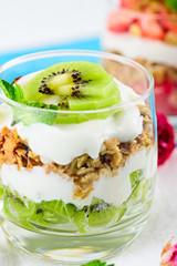 Vertical close-up of healthy vegan Breakfast, kiwi dessert, granola and ricotta cheese