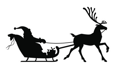 Vector illustrations of silhouette of Santa Claus riding on reindeer sleigh