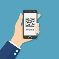 Hand hold smart phone with coupon QR code on screen, flat illustration