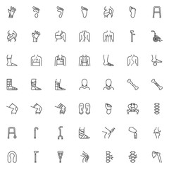 Orthopedic rehabilitation line icons set. linear style symbols collection outline signs pack. vector graphics. Set includes icons as orthopedic surgery, wrist brace, spine treatment posture correction - obrazy, fototapety, plakaty
