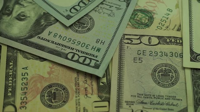 Dollars Close up Concept. American Dollars Cash Money background. Macro view.  Rotation 360 degrees.