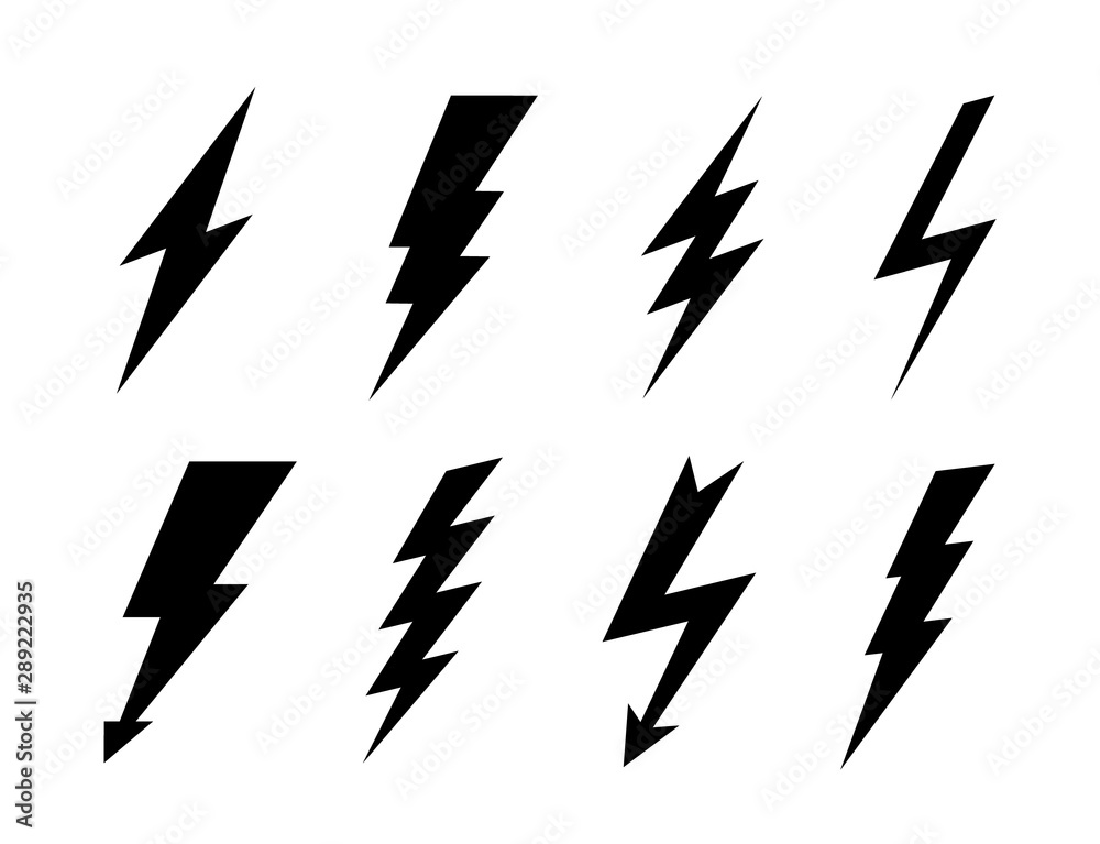Poster set lightning bolt isolated on white background. vector flat thunderbolt, lightning strike.