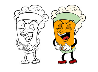 Cartoon character design laughing glass of beer.