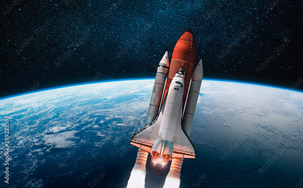 Aufkleber Space shuttle launch in outer space from Earth. Rocket on orbit of the planet. View from space station. Elements of this image furnished by NASA	