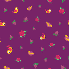 Vector small birds and roses seamless pattern