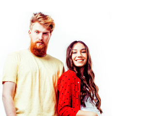 young attractive couple together having fun happy smiling isolated on white background, emotional posing, lifestyle people concept