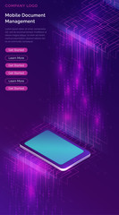Mobile document manager business concept vector isometric illustration. Smartphone in information waterfall or big data stream on purple ultraviolet background, vertical banner or landing webpage