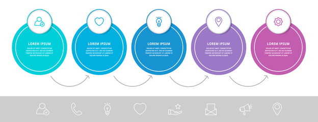 Vector infographic flat template circles for five paper label, diagram, graph, presentation. Business concept with 5 options. Blank space for content, step for step, timeline, workflow, marketing