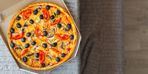 pizza, mushrooms, olives, tomato sauce, cheese, (ingredients). hot pizza. Top view. copy space