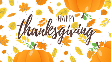 Happy thanksgiving day flat style design poster vector illustration with big pumpkins and autumn leaves. Celebrate holidays