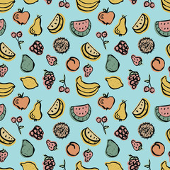 Fruits seamless pattern on a turquoise background. Hand-drawn doodle vector color illustration.