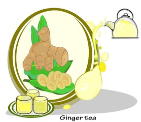 Fresh ginger, hot tea, in a kettle and glass tea set, kitchenware and breakfast - afternoon, drink healthy herbs and Asian plants, ingredients for Thai foodillustration
