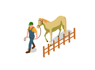 Set of elements in the style of isometry on the theme of work in the stable.