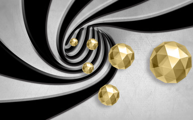 3d illustration, black and gray spiral background, gold polygonal balls