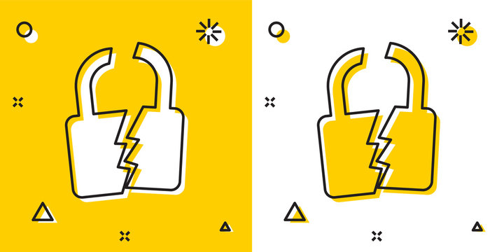 Black Broken or cracked lock icon isolated on yellow and white background. Unlock sign. Random dynamic shapes. Vector Illustration