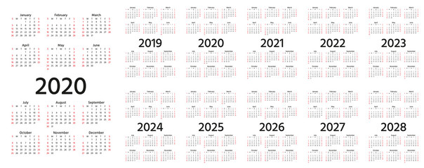 Calendar 2020, 2019, 2021, 2022, 2023, 2024, 2025, 2026, 2027, 2028 years. Vector. Week starts Sunday. Stationery template in minimal design. Portrait orientation. Yearly calender organizer, english