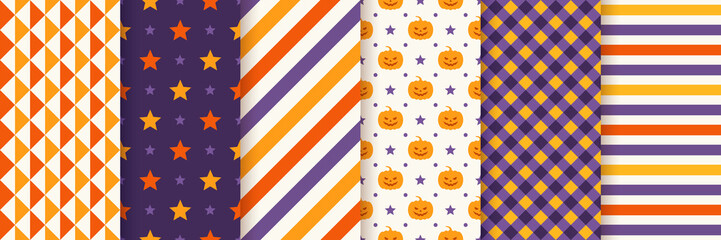 Fototapeta premium Halloween seamless pattern. Haloween textile print. Vector. Geometric background with pumpkin face, triangle, star, stripes, checkered. Wrapping paper. Orange yellow purple texture. Illustration