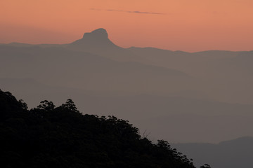 Receding mountain ridges in Lamington National Park, Queensland, Australia, at sunset.