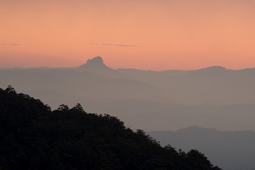 Receding mountain ridges in Lamington National Park, Queensland, Australia, at sunset.