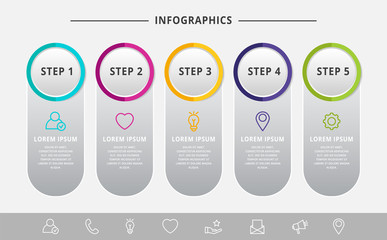 Vector modern infographic flat template circle 3D label for five diagrams, graph, presentation. Business concept with 5 options. Blank space for content, step for step, timeline, workflow, web, banner