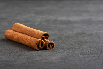 Cinnamon sticks on the gray stone texture with copy space