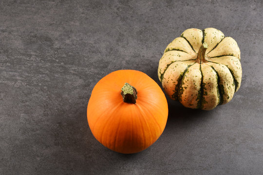 Pumpkins on granite texture with copy space