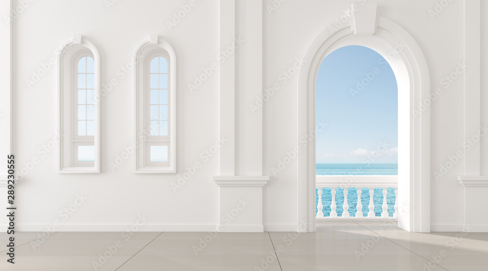 Poster view of living room in mediterranean style with arch window design,classic details,the sun light cas