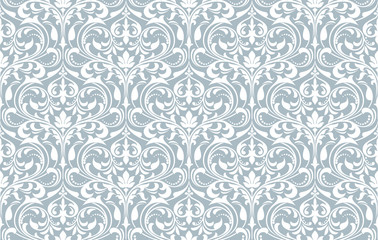 Floral pattern. Vintage wallpaper in the Baroque style. Seamless vector background. White and blue ornament for fabric, wallpaper, packaging. Ornate Damask flower ornament