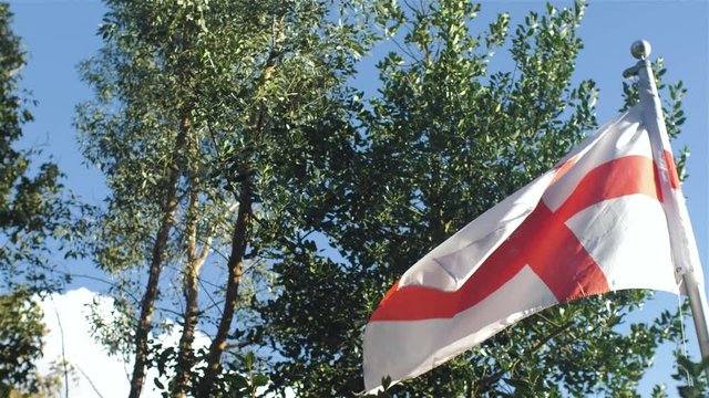 England flag flying in the wind slow motion shot against green foliage st george's cross