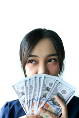 Portrait Asia smiling woman with dollars in hand,happy to have money concept.