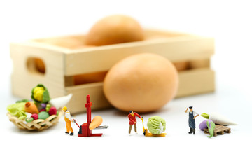 Miniature people : Farmer gardener in action with market,Farm Local Market Concept