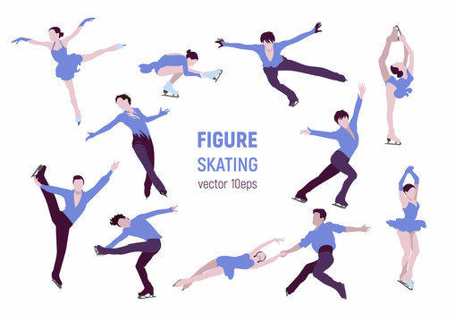Figure skating. Athletes silhouettes on white backgrounde. Winter sport illustration.  People in motion vector images. Elements of figure skating.
