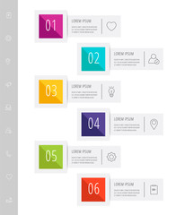 Vector modern infographic flat template label for six diagrams, graph, presentation. Business concept with 6 options, rectangles. Blank space for content, step for step, timeline, workflow, banner