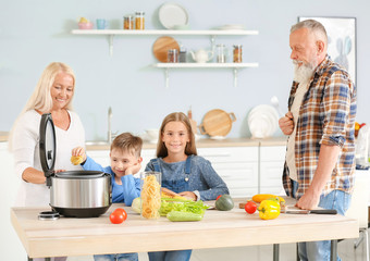 Grandparents and little children using modern multi cooker in kitchen